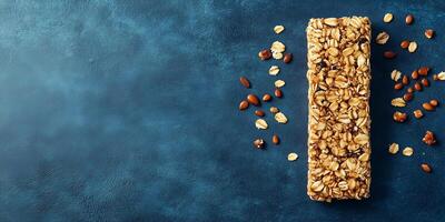 Granola bar on a flat surface with visible grains and seeds, food photography photo