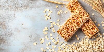 Granola bar with whole grains and seeds near scattered oats, culinary photography photo