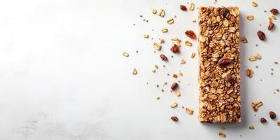 Granola bar on a flat surface with visible grains and seeds, culinary photography photo