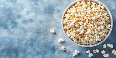 Large bowl of kettle corn, with popped kernels overflowing, food photography photo