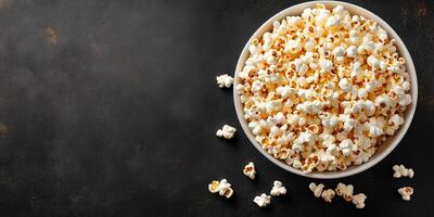 Large bowl of kettle corn, with popped kernels overflowing, culinary photography photo