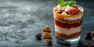 Parfait glass filled with layers of dairy-free ice cream, topped with a small sprig, food photography photo