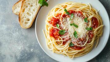 Plate of cooked spaghetti with tomato sauce and grated cheese, served with bread, food photography photo