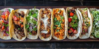 Plate of tacos with different fillings, arranged in a row, with garnishes on top, food photography photo