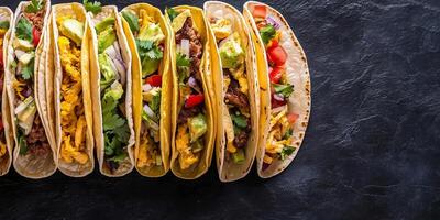 Plate of tacos with neatly folded tortillas, filled with various ingredients, arranged in a row, culinary photography photo