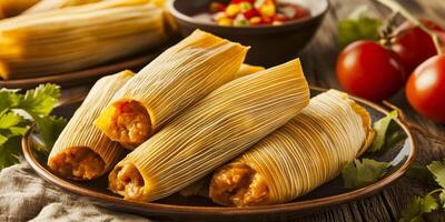 Plate of tamales with visible corn husks and a glimpse of the filling, arranged side by side, culinary photography photo
