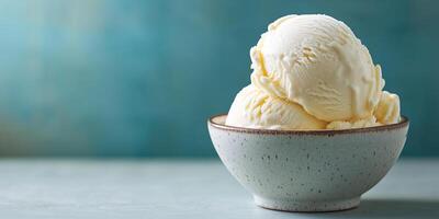 Vanilla ice cream in a bowl, slightly melting at the edges on a hot day, food photography photo