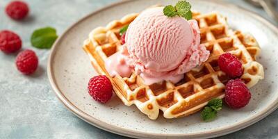 Scoop of ice cream placed on top of a waffle, displayed on a dessert plate, culinary photography photo