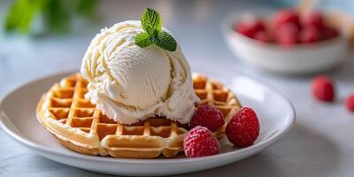 Scoop of ice cream placed on top of a waffle, displayed on a dessert plate, food photography photo