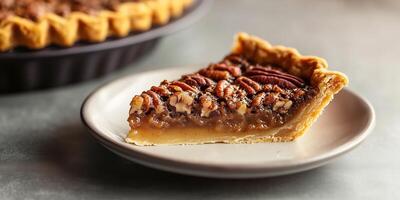 Slice of pecan pie on a plate, showing the dense filling and crisp crust, culinary photography photo