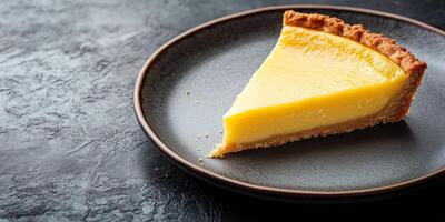 Slice of lemon tart on a plate, showing smooth lemon layer and crisp crust, food photography photo