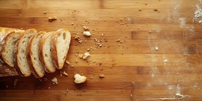Sliced baguette displayed on wooden cutting board with crumbs scattered, culinary photography photo