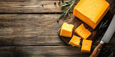 Sliced cheddar cheese block on a wooden surface with a knife nearby, food photography photo