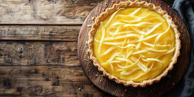 Tart filled with lemon curd, garnished with thin strips, set on a wooden board, culinary photography photo