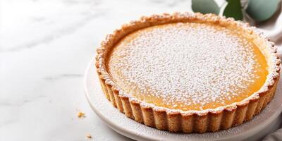 Tart with firm base, filled with lemon mixture, topped with a thin glaze, food photography photo