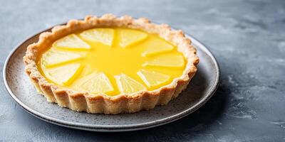 Tart with thin crust, filled with lemon curd, resting on a simple plate, food photography photo