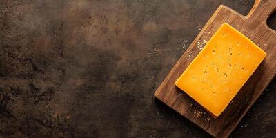 Top view of a cheddar cheese block on a wooden cutting board with crumbs, culinary photography photo
