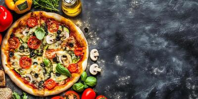 Full vegetarian pizza with assorted vegetable toppings arranged in a circular pattern, culinary photography photo