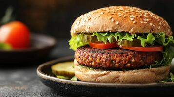 Veggie patty with lettuce, tomato, and pickles on a whole wheat bun on a plate, culinary photography photo