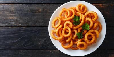 Curly fries on a white plate in circular pattern, culinary photography photo