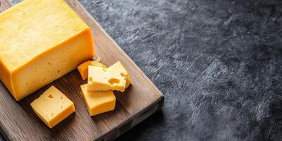 Whole block of cheddar cheese on a cutting board with a few slices removed, culinary photography photo