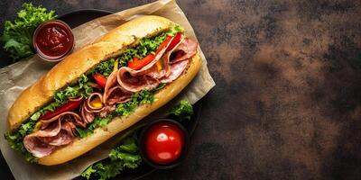 Whole Italian sub on a plate, packed with meats, cheese, and fresh vegetables, food photography photo