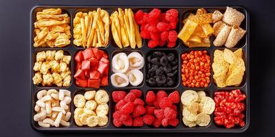 Array of small individual portions of snacks set on rectangular tray, culinary photography photo