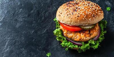 Assembled chicken burger with patty, lying flat on a simple surface, food photography photo
