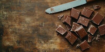 Broken chocolate bars scattered on a serving platter with nuts, culinary photography photo