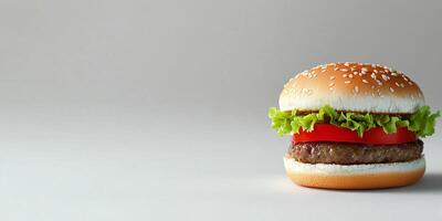 Close-up of a small assembled burger with patty, resting on a clean surface, food photography photo