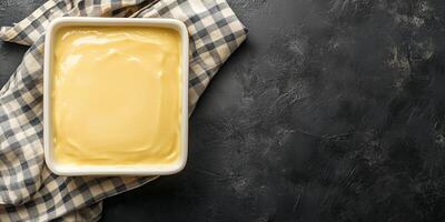 Custard served in a rectangular dish with an undisturbed top layer, culinary photography photo