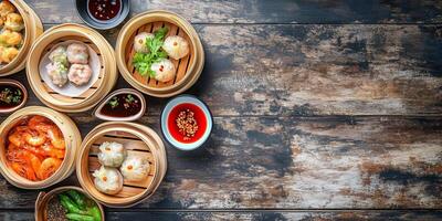 Dim sum selection served in bamboo steamer baskets with dipping sauces, culinary photography photo