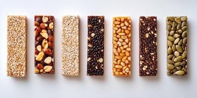 Energy bars arranged in a row, showcasing visible grains and seeds, culinary photography photo