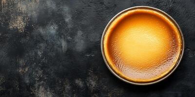 Flan in a wide, shallow dish with a consistent, smooth surface, culinary photography photo