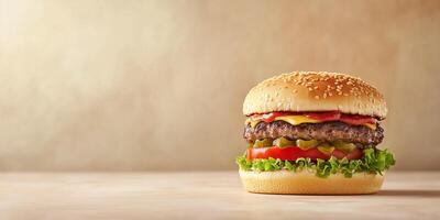 Gourmet burger with layers of fillings on a flat surface, culinary photography photo