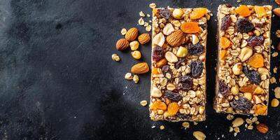 Fruit and nut bars cut in half, revealing dried fruits and nuts mixture, food photography photo