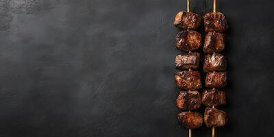 Grilled meat chunks on a skewer, lying horizontally on a flat surface, food photography photo