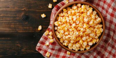 Kettle corn in a serving dish, with individual kernels clearly visible, food photography photo