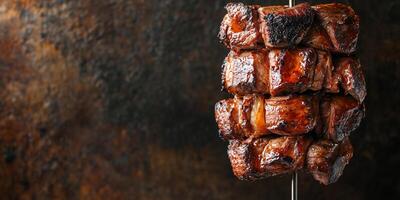 Layered grilled meat stack on a rotisserie, positioned vertically, culinary photography photo