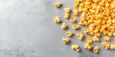 Kettle corn arranged on a plain surface, with individual popped kernels easily visible, culinary photography photo
