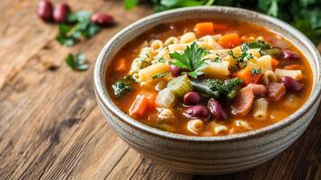 Minestrone soup in a round bowl with visible vegetables, pasta, and beans, culinary photography photo