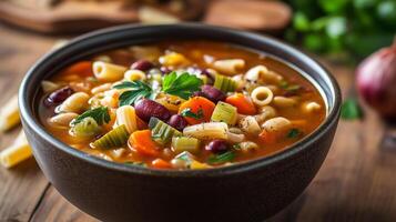 Minestrone soup in a deep bowl with visible vegetables, pasta, and beans, food photography photo