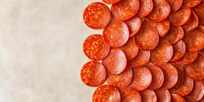Pepperoni slices arranged in a spiral pattern on a neutral background, food photography photo