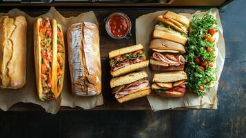 Several classic deli sandwiches displayed on a bakery counter beside a register, food photography photo
