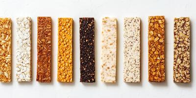 Several energy bars aligned, showing composition and texture, food photography photo