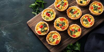 Mini quiches symmetrically arranged on a rectangular board, culinary photography photo
