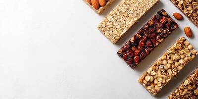 Several fruit and nut bars aligned, showing texture and ingredients, culinary photography photo