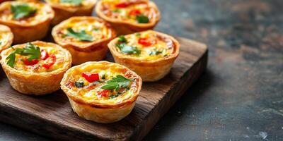 Mini quiches symmetrically arranged on a rectangular board, food photography photo