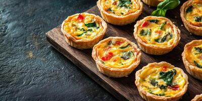 Mini quiches laid out evenly on a rectangular board, food photography photo
