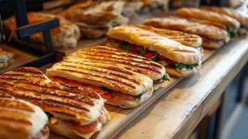 Several paninis arranged on a bakery counter near other sandwiches, food photography photo